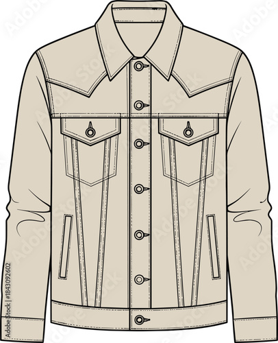CAD drawing flat vector illustration, Front view of classic trucker denim jacket technical fashion design template in beige color for garment specifications.