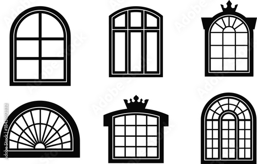 Collection of decorative arched window frame vector illustrations featuring classic, vintage and modern designs, ideal for architecture projects, home decor concepts, and interior design graphics.