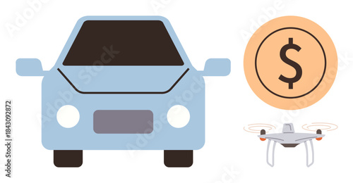Blue car, orange dollar coin, and quadcopter quadcopter convey innovation, mobility, technology, economy, investment, delivery and future vision. Ideal for transport economy tech logistics as