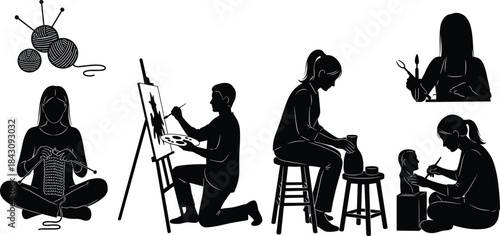 Creative hobby silhouettes, vector icons of knitting, painting, pottery, sculpting, artistic activities, handmade crafts, human creativity, black illustration, design tools