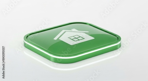 Green square house icon button with white house symbol, glossy surface