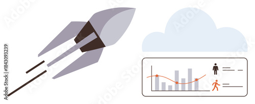 Rocket zooming towards a cloud alongside an analytics dashboard. Ideal for business growth, data analysis, innovation, technology, progress, futuristic concepts, digital transformation. Simple flat