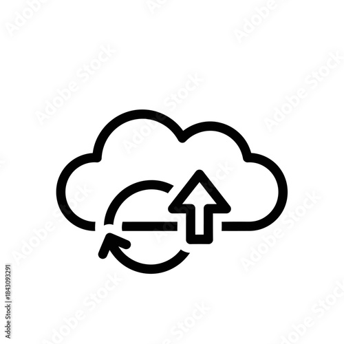 Simple black line art icon of a cloud with an upload arrow and a circular sync symbol, representing data backup and refresh.