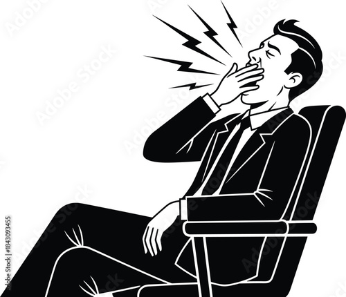 Retro style vector illustration of tired businessman yawning in office chair, expressing exhaustion, workplace fatigue, boredom, stress, and low energy in corporate environment