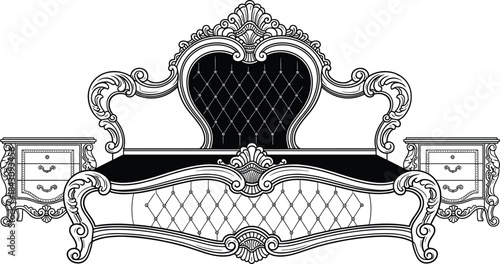 Elegant baroque royal bed with ornate headboard and vintage nightstands, luxurious classic bedroom furniture design, detailed decorative vector illustration for interior themes
