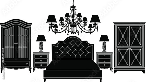 Elegant classic bedroom furniture vector illustration featuring ornate bed, chandeliers, wardrobes, and nightstands, detailed black silhouettes ideal for interior design, decor, and luxury home 