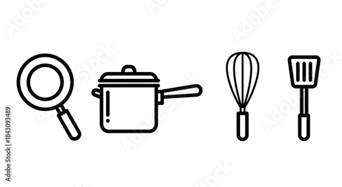 Simple Black and White Kitchen Utensils - Frying Pan, Pot, Whisk, Spatula.