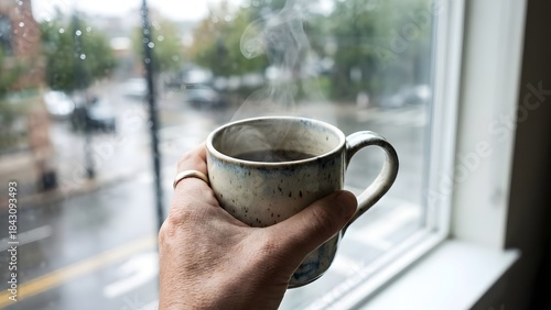 Person Holding Coffee Mug Near Window on Rainy Day.