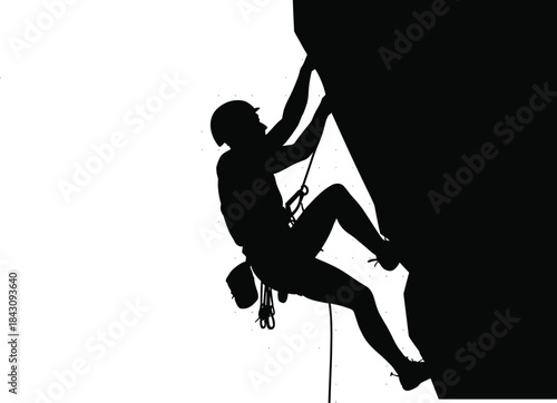 Rock climbing silhouette vector illustration, mountain climber hanging on cliff, adventure sports concept, extreme outdoor activity, hiking and fitness challenge design