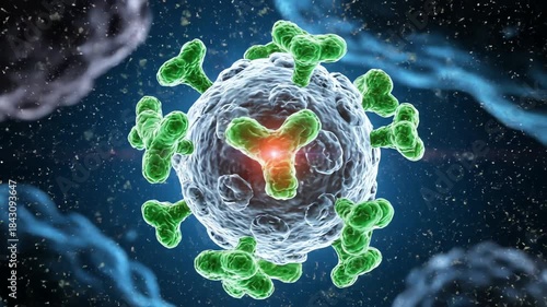 Wallpaper Mural A 3D animation of antibodies attacking a virus or pathogen, illustrating the immune system response at a microscopic level. Torontodigital.ca