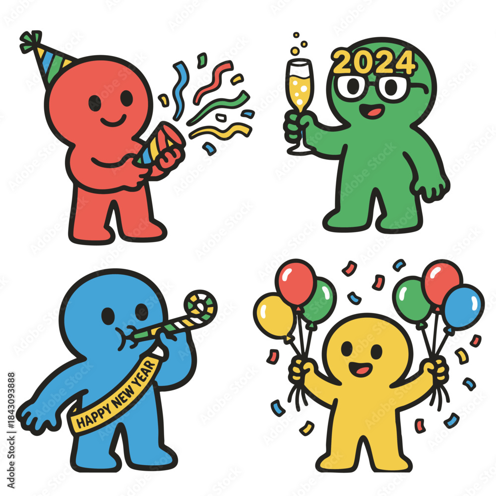 Obraz premium Happy colorful cartoon characters celebrating New Year with balloons confetti and cheers