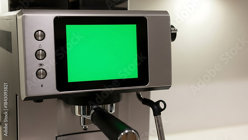 A modern stainless steel espresso machine with a green screen display and control buttons.