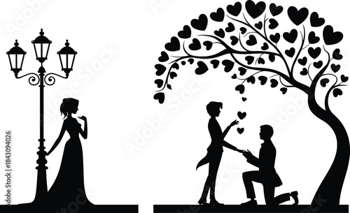 Romantic couple proposal silhouette under heart tree, love and relationship vector illustration with street lamp, Valentine concept for romance, affection, and emotion