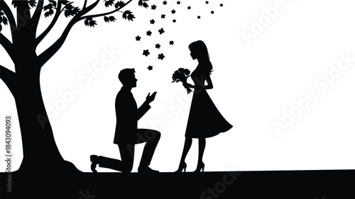 Romantic couple proposal silhouette under tree with falling petals, love and relationship vector illustration for Valentine’s Day, engagement, and romantic moment