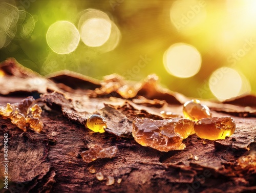 boswellia. Golden resin droplets forming on tree bark in warm sunlight. gardening catalogs, home-decor guides, designed for gardening and botanical catalogs, enhances decor appeal.
