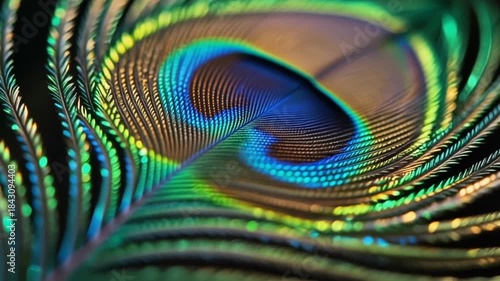 Vibrant and iridescent peacock feather showcasing its detailed eye pattern and rich colors against a soft bokeh background in a close-up view.
