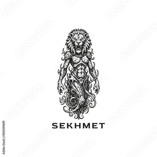 Ancient Egyptian goddess Sekhmet illustration with lion head and powerful female body in a dark woodcut engraving style.