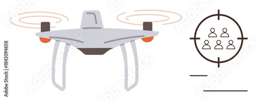 A quadcopter with rotating blades alongside a target focus element for surveillance and analytics. Ideal for security, robotics, technology, spying, military, data collection, automation themes