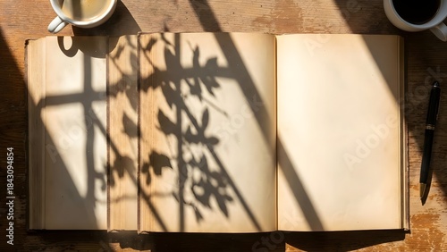 Open Notebook with Shadow of Plant and Sunlight.