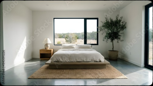 Minimalist Bedroom Interior with Large Window and Indoor Plant.