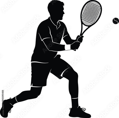 Professional Tennis Player Silhouette Hitting Forehand Shot with Racket and Ball Dynamic Vector Illustration for Sports Branding, Event Promotion, and Athletic Graphics
