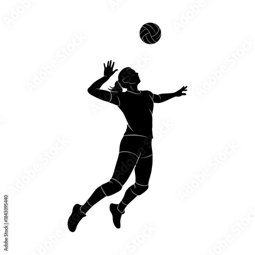 Silhouette of a female volleyball player jumping to spike the ball, isolated on a white background.