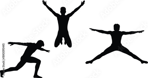 Dynamic athletic silhouettes jumping and stretching poses isolated on white background fitness movement action strength energy concept training inspiration motion