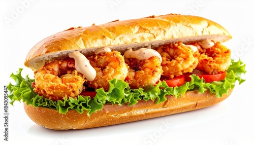 Classic shrimp po boy sandwich on baguette with lettuce
