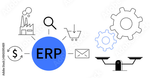 Business organization, operational efficiency, enterprise planning, software integration, digital tools, automation. Blue ERP text, gear icons, shopping cart email scale and process symbols