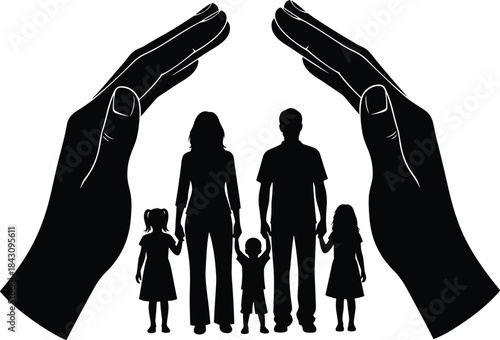 Family protection concept silhouettes with parents and children under caring hands isolated on white background safety security insurance love