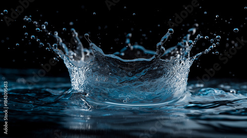 Blue water splash with droplets isolated on black background