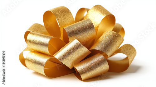 Curly golden gift ribbon bow isolated on white background