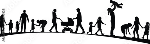 Family life silhouettes showing parents and children daily activities isolated on white background parenting love care growth lifestyle concept