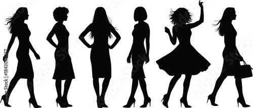 Fashionable female silhouettes posing and dancing isolated on white background style confidence elegance glamour modern women lifestyle concept