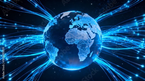 Glowing fiber optic lines wrapping around a digital earth globe, symbolizing global internet connection.