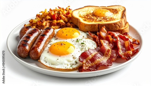 Hearty breakfast plate with fried eggs bacon sausage