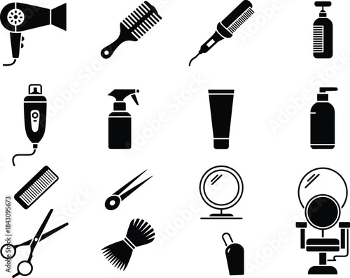 Professional salon tools and barbershop equipment vector illustration, featuring essential hairdressing accessories, grooming items, beauty product icons 