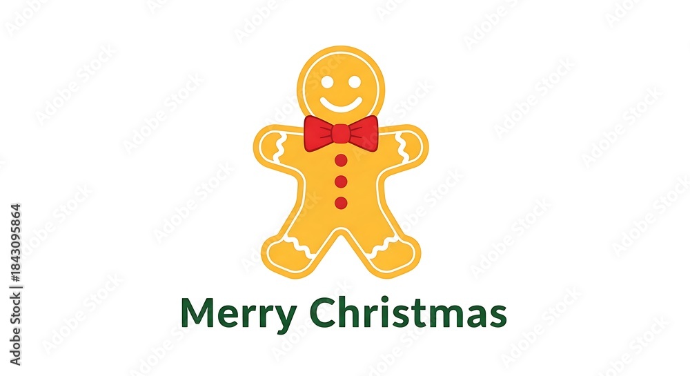 Fototapeta premium A Cheerful 3D Gingerbread Man Cookie with Red Bow Tie and Merry Christmas Text