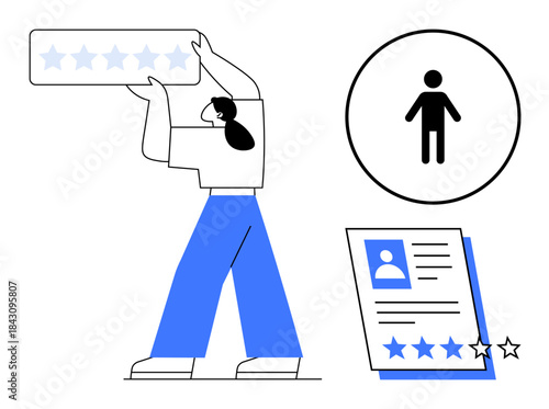 Person holding five-star rating, profile document, and user icon. Ideal for recruitment, performance review, personal branding, customer feedback, evaluation self-improvement teamwork. Modern flat
