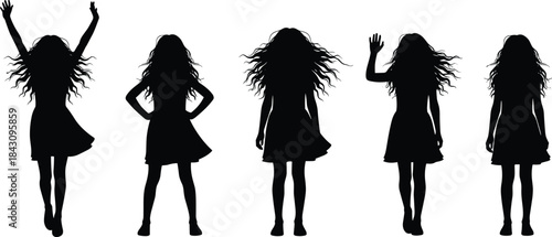 Joyful dancing female silhouettes with flowing hair isolated on white background freedom energy movement music modern women lifestyle concept