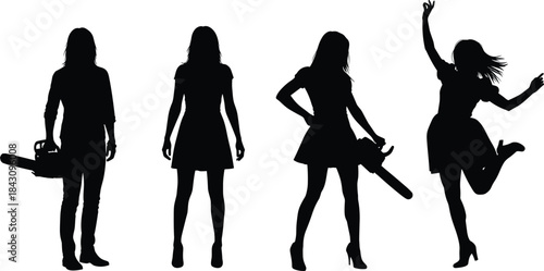 Strong female silhouettes holding chainsaw isolated on white background power confidence danger fashion concept modern woman strength attitude