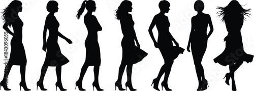 Stylish female silhouettes walking and posing isolated on white background fashion elegance confidence glamour modern women lifestyle concept