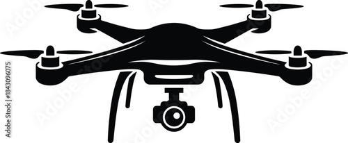 Quadcopter drone vector illustration with camera, modern technology design for aerial photography, surveillance, and videography, unmanned flying gadget, remote control aviation concept