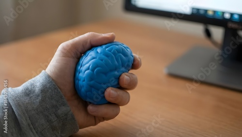 Child Holding Blue Stress Ball at Desk.