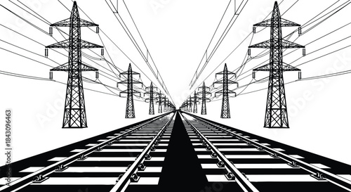 Railway tracks extending toward horizon with symmetrical high-voltage power lines and transmission towers, detailed black and white vector illustration emphasizing industrial energy and 