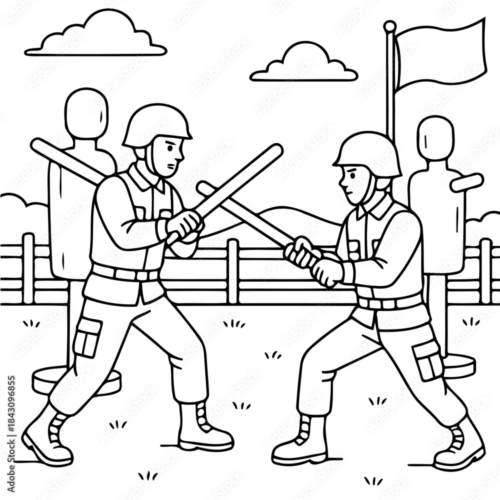 Obraz premium Training Battle Scene: An illustration depicts soldiers engaged in a training exercise, wielding batons in a dynamic confrontation, set amidst a military training ground with a flagpole.