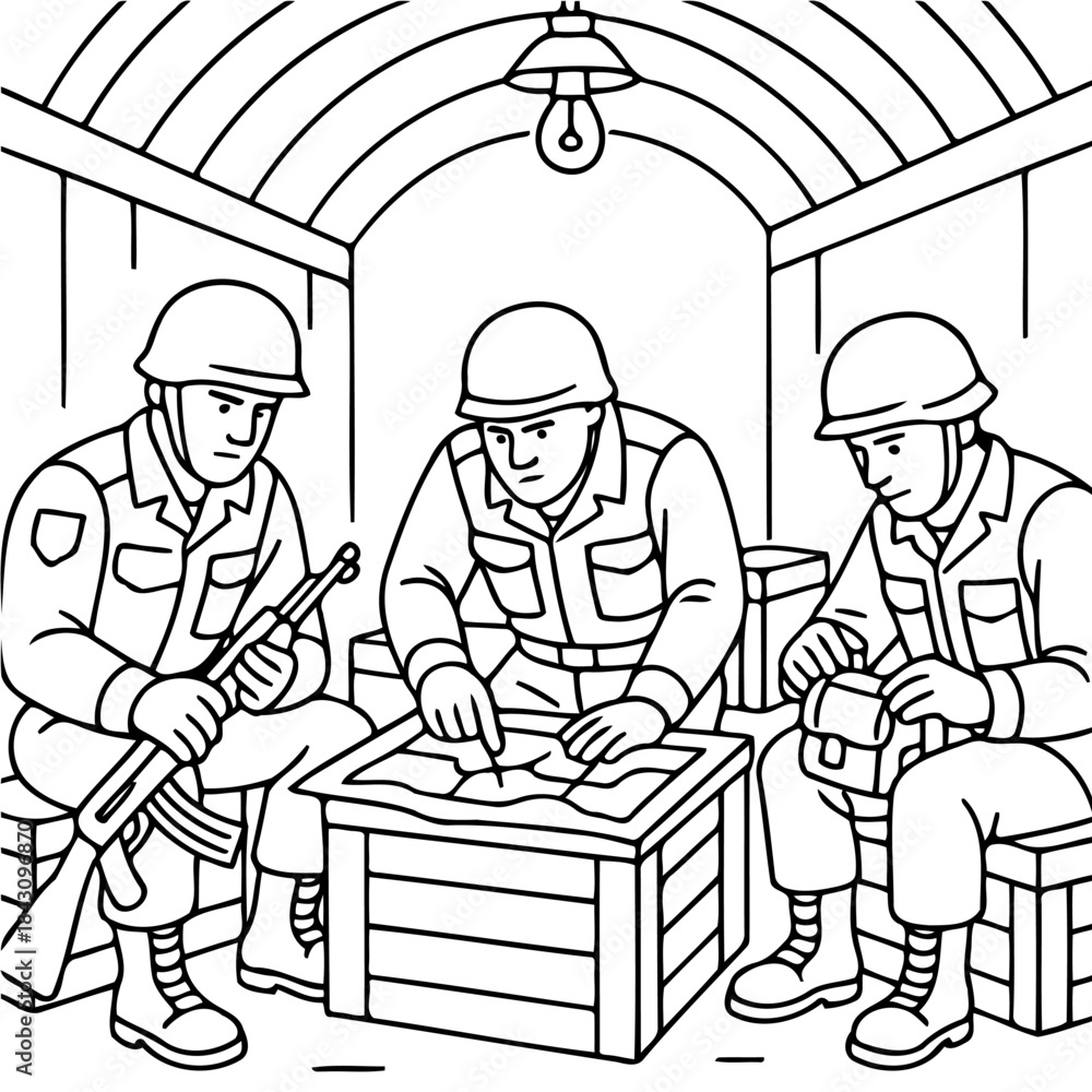 Obraz premium Military Strategy Session: Inside a bunker, soldiers meticulously review a tactical map, preparing for a mission while a soldier attentively examines equipment, focused on upcoming action.