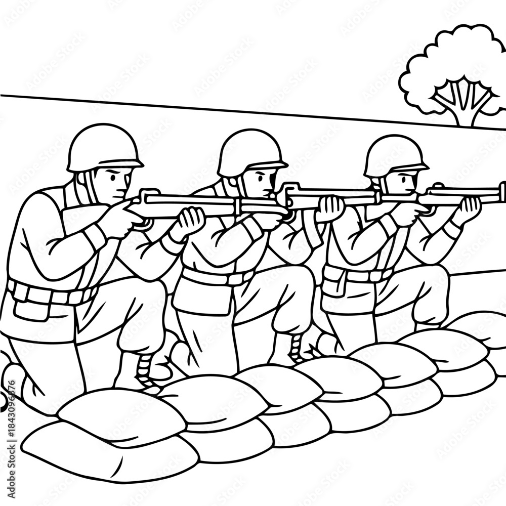 Obraz premium Soldiers in Combat: A disciplined trio of soldiers are locked and loaded, crouched behind sandbags, eyes focused on a common goal in a high-stakes moment of duty and valor.