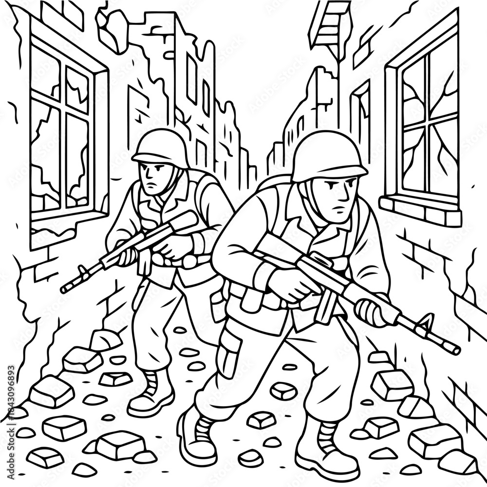 Obraz premium Soldier's March through Ruins: Two soldiers advance cautiously through a war-torn urban landscape, their faces etched with determination amidst the rubble.