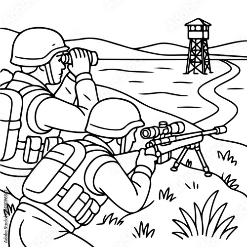 Silent Sentinels: Amidst a stark landscape, two soldiers stand vigilant, one peering through binoculars and the other taking aim with a rifle, embodying unwavering commitment and readiness.